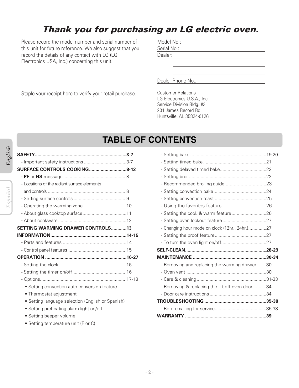 LG LRE30757ST User Manual | Page 2 / 40