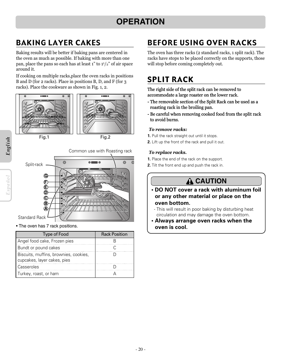 Operation, Baking layer cakes, Before using oven racks | Caution | LG LRE30757ST User Manual | Page 20 / 40