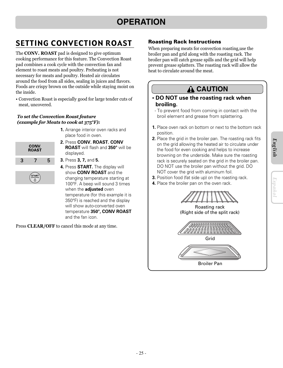 Operation, Setting convection roast, Caution | LG LRE30757ST User Manual | Page 25 / 40