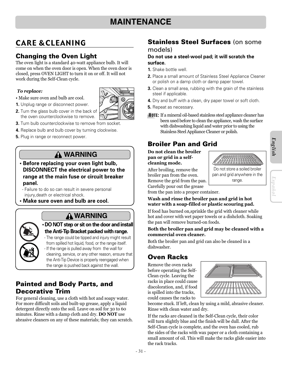 Maintenance, Care &cleaning, Warning | Changing the oven light, Painted and body parts, and decorative trim, Stainless steel surfaces (on some models), Broiler pan and grid, Oven racks | LG LRE30757ST User Manual | Page 31 / 40