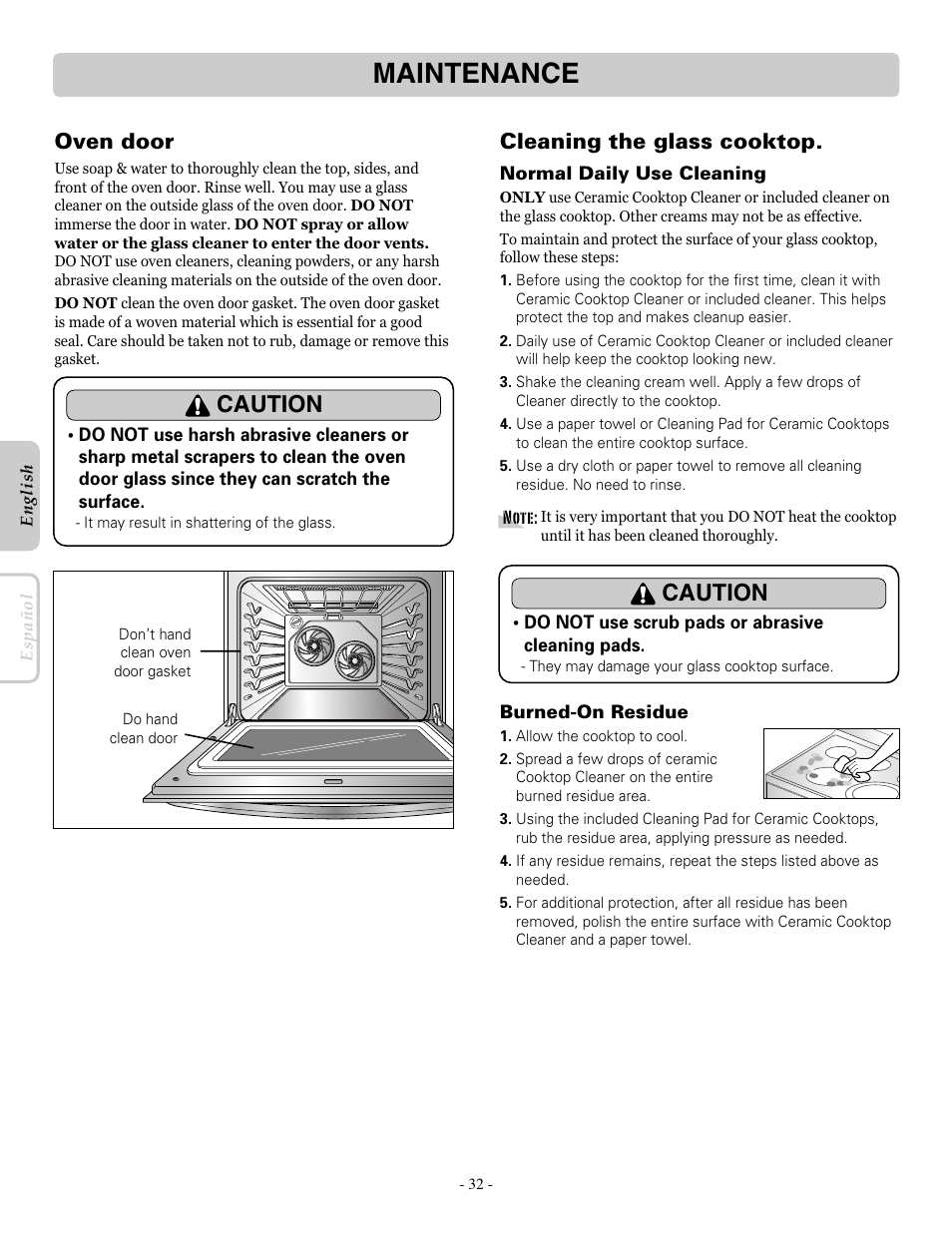 Maintenance, Caution, Oven door | Cleaning the glass cooktop | LG LRE30757ST User Manual | Page 32 / 40