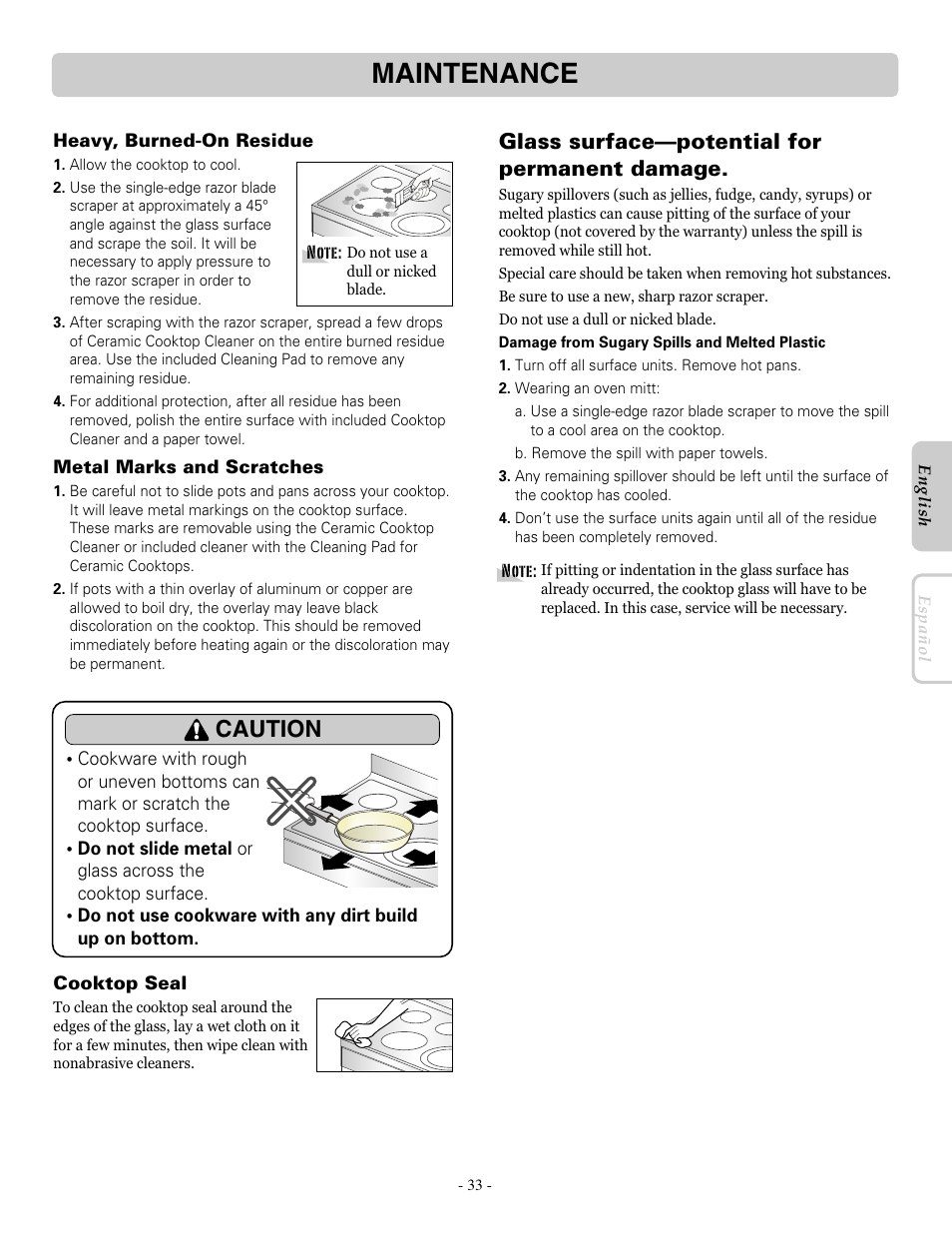 Maintenance, Caution, Glass surface—potential for permanent damage | LG LRE30757ST User Manual | Page 33 / 40