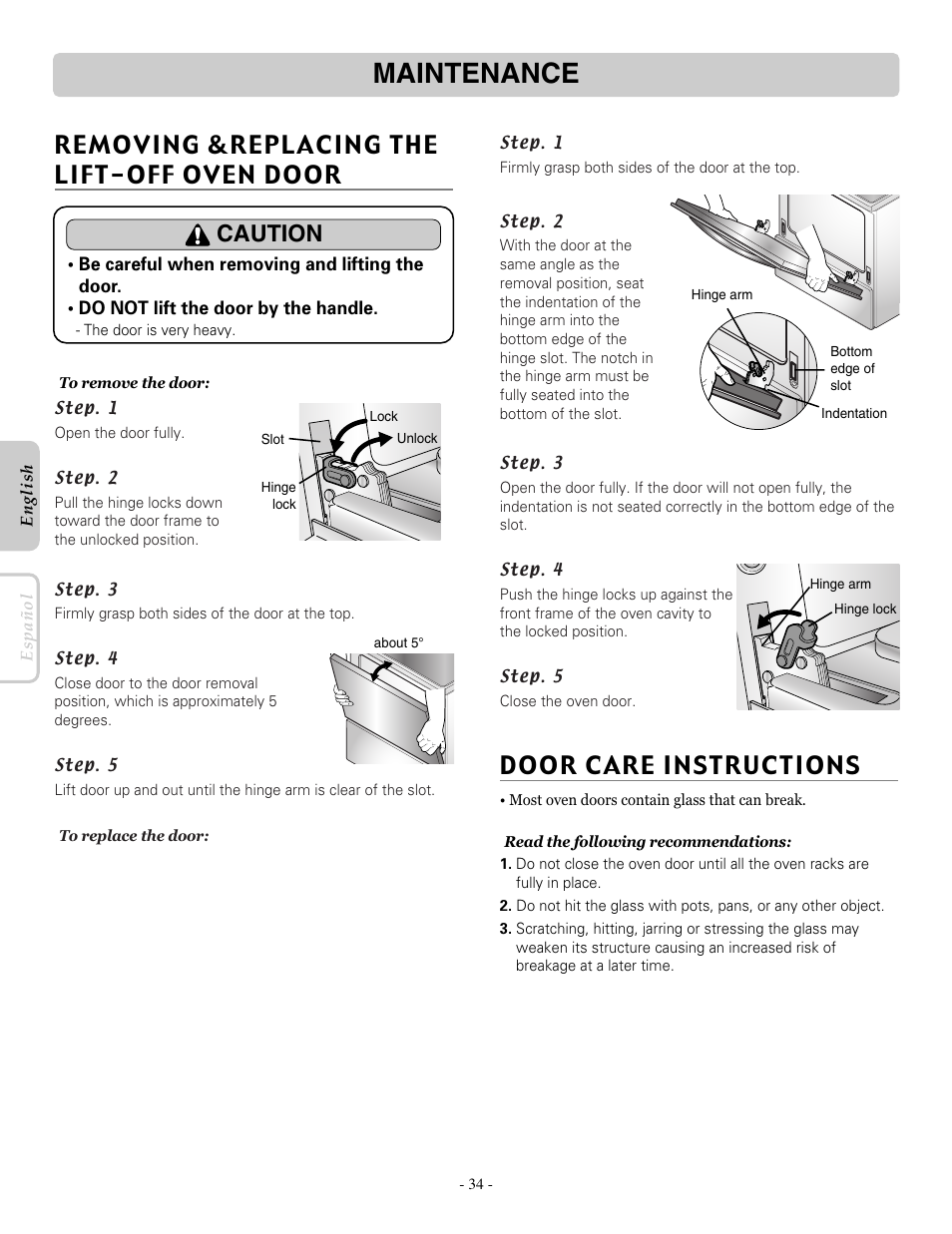 Maintenance, Removing &replacing the lift-off oven door, Door care instructions | Caution | LG LRE30757ST User Manual | Page 34 / 40