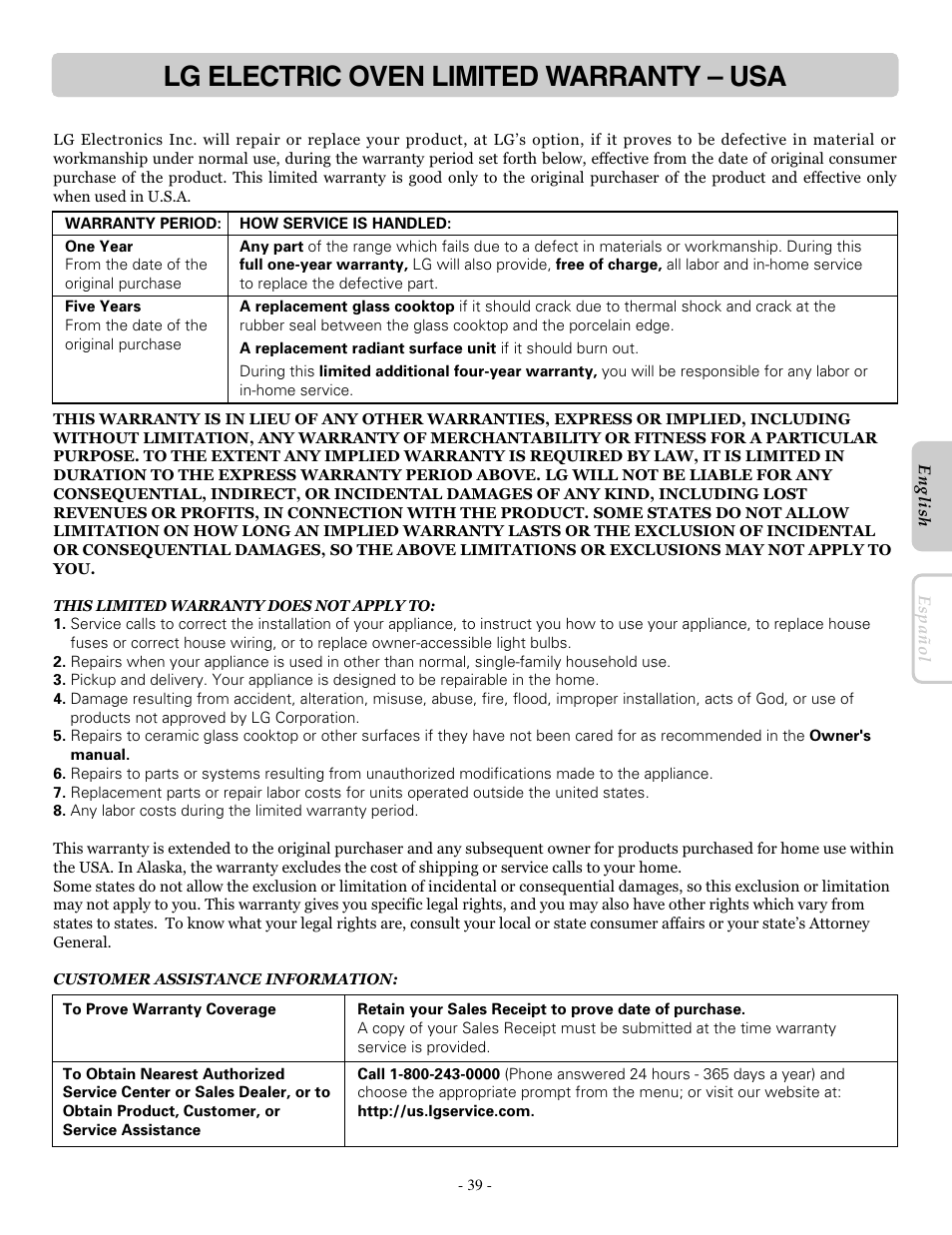 Lg electric oven limited warranty – usa | LG LRE30757ST User Manual | Page 39 / 40