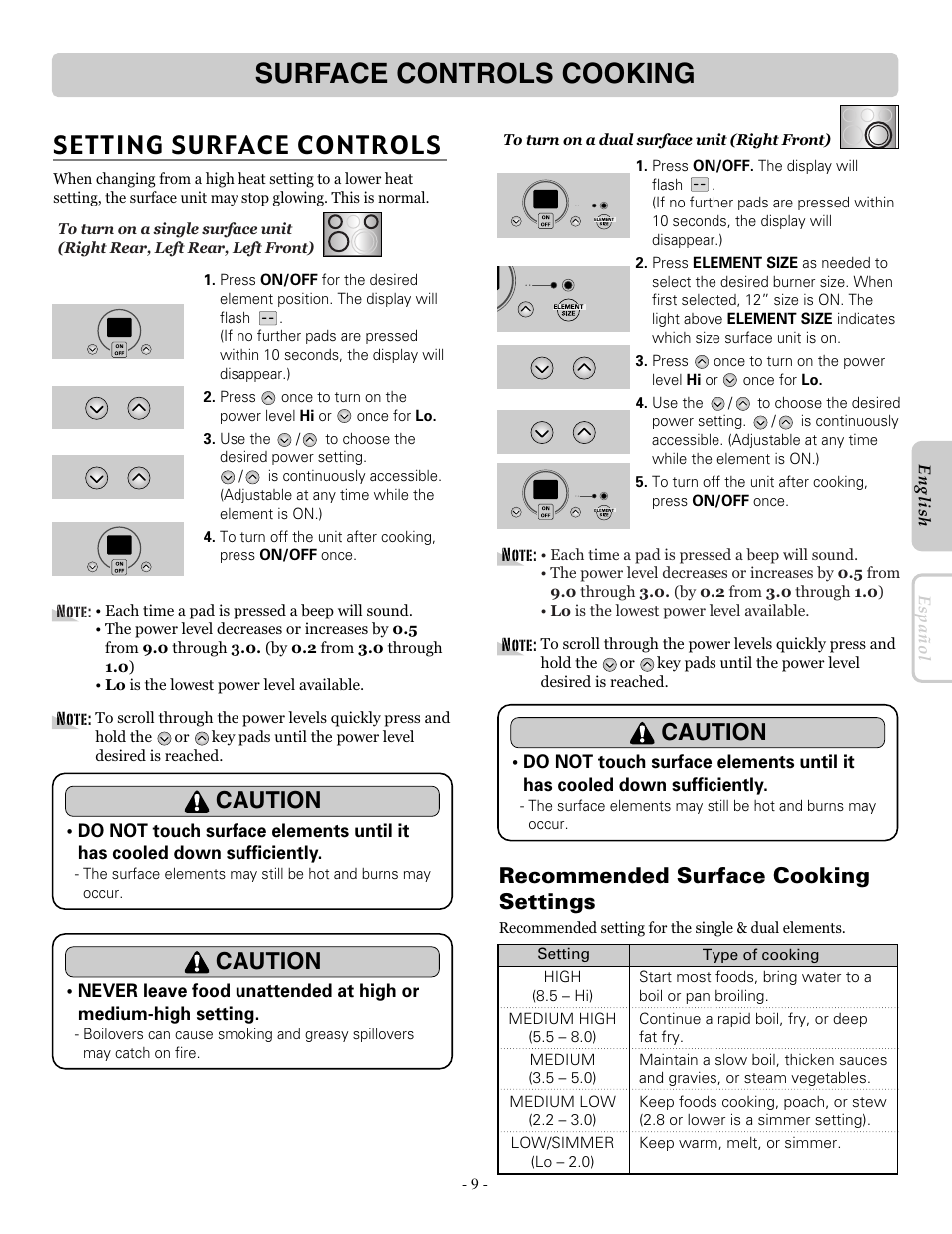 Surface controls cooking, Setting surface controls, Caution | Recommended surface cooking settings | LG LRE30757ST User Manual | Page 9 / 40