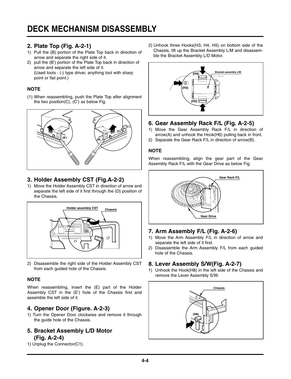 Deck mechanism disassembly, Plate top (fig. a-2-1), Holder assembly cst (fig.a-2-2) | Opener door (figure. a-2-3), Bracket assembly l/d motor (fig. a-2-4), Gear assembly rack f/l (fig. a-2-5), Arm assembly f/l (fig. a-2-6), Lever assembly s/w(fig. a-2-7) | LG TL-AT130M User Manual | Page 41 / 80