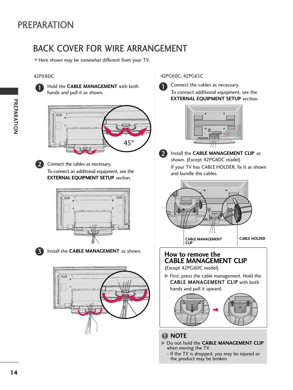 Preparation, Back cover for wire arrangement, How to remove the cable management clip | LG 32LC50CS User Manual | Page 16 / 90