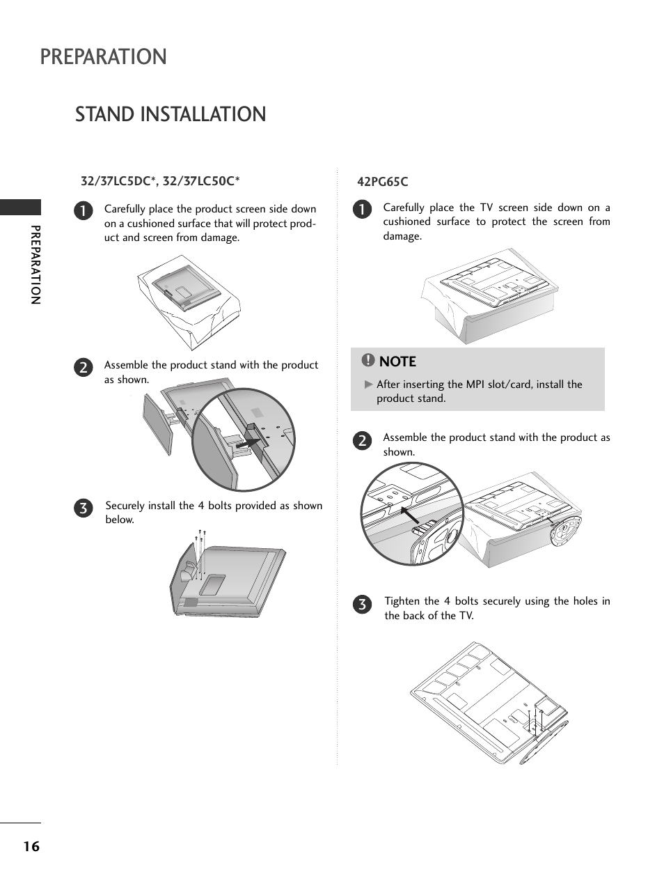 Preparation, Stand installation | LG 32LC50CS User Manual | Page 18 / 90