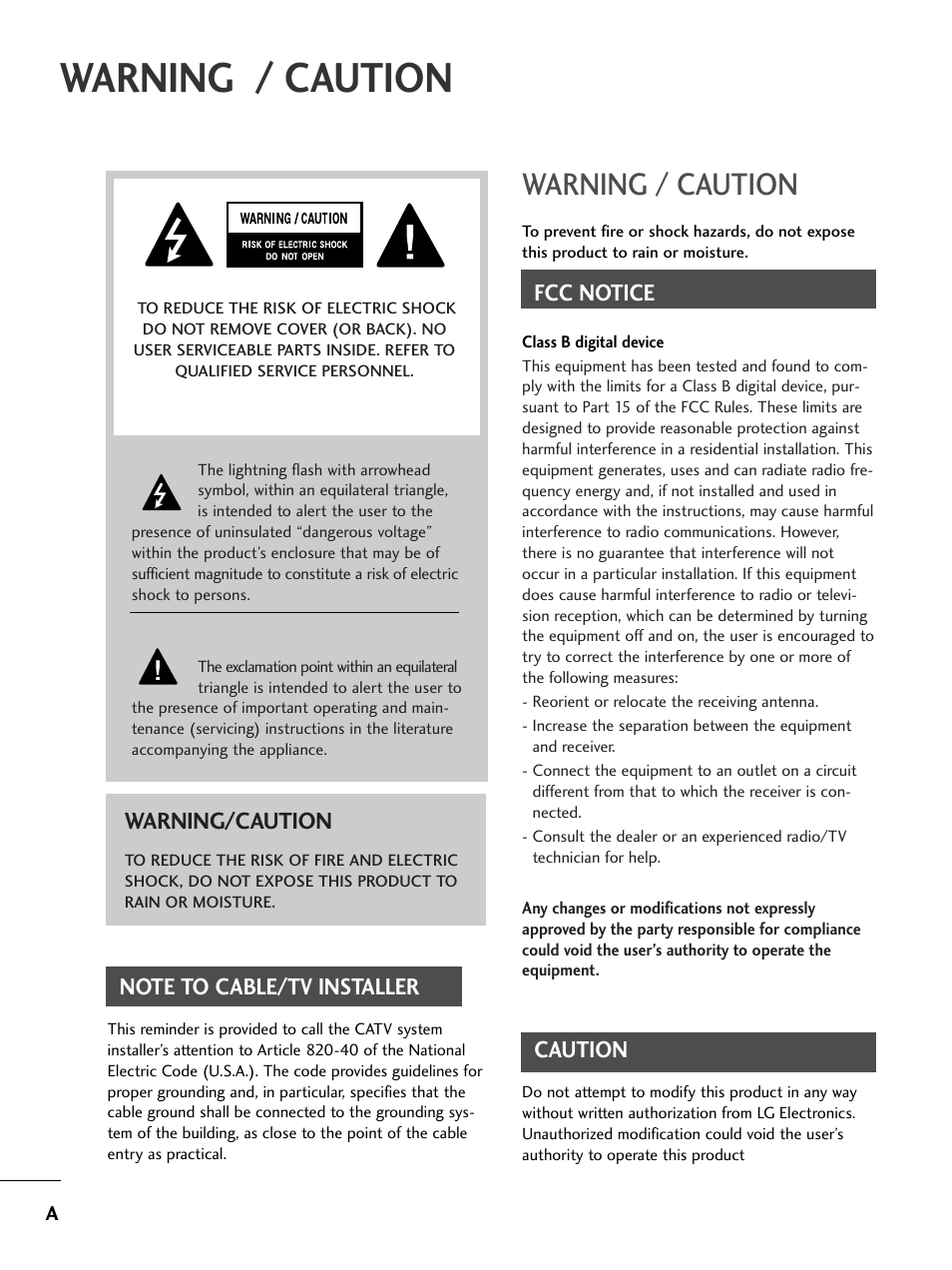 Warning / caution, Fcc notice, Caution | Warning/caution | LG 32LC50CS User Manual | Page 2 / 90