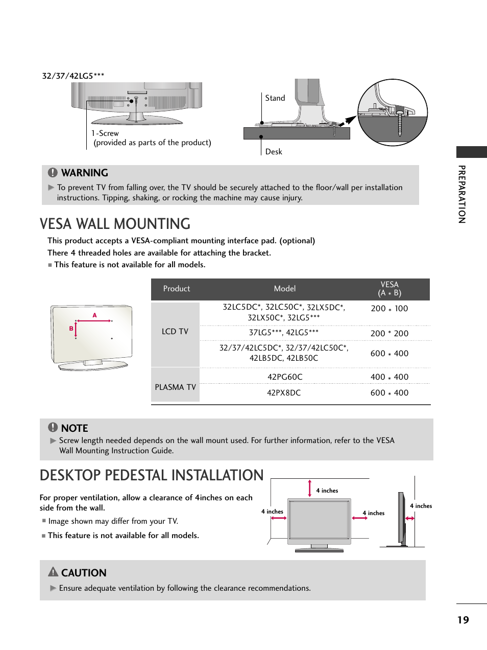 Vesa wall mounting, Desktop pedestal installation, Caution | Warning | LG 32LC50CS User Manual | Page 21 / 90