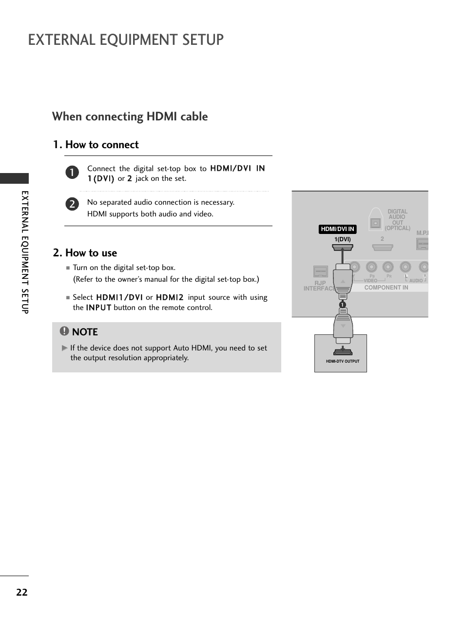 When connecting hdmi cable, External equipment setup, How to connect 2. how to use | External eq uipment setup | LG 32LC50CS User Manual | Page 24 / 90