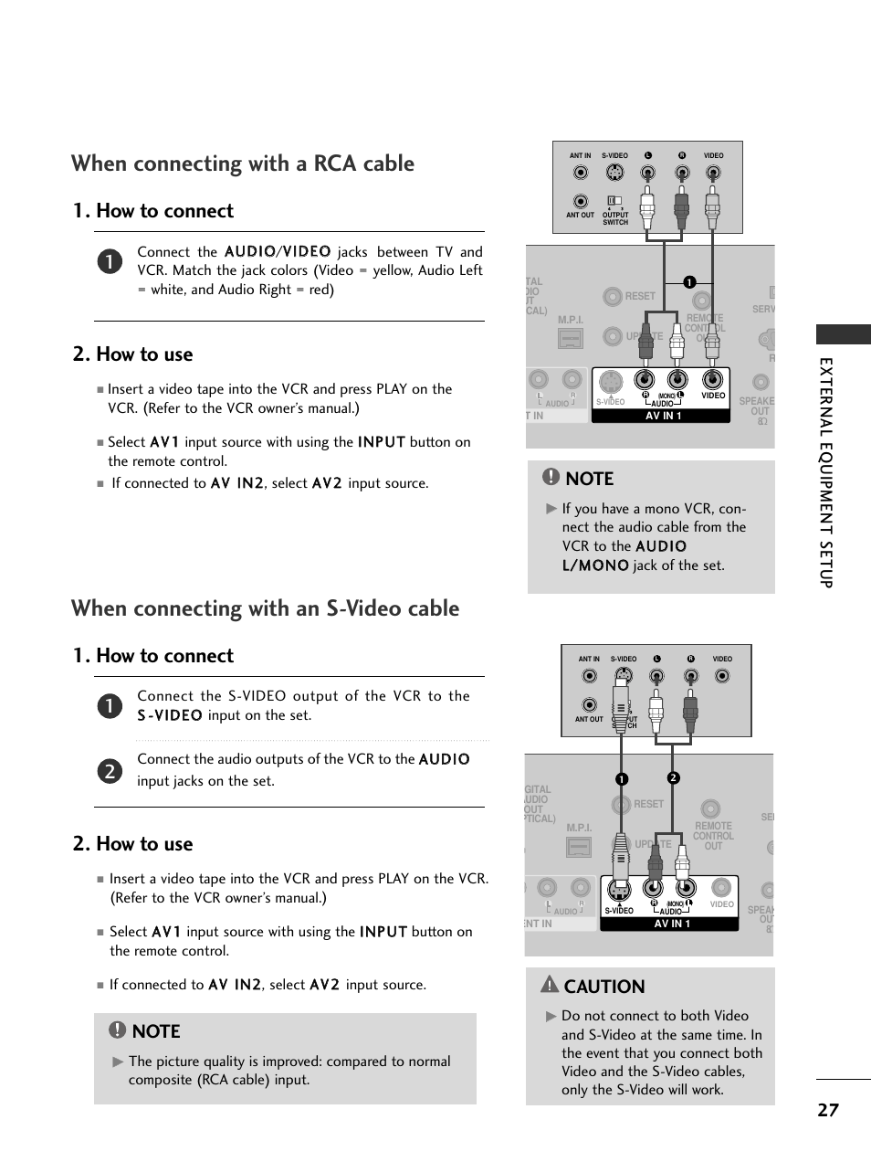 When connecting with a rca cable, When connecting with an s-video cable, How to connect 2. how to use | Caution, External eq uipment setup | LG 32LC50CS User Manual | Page 29 / 90