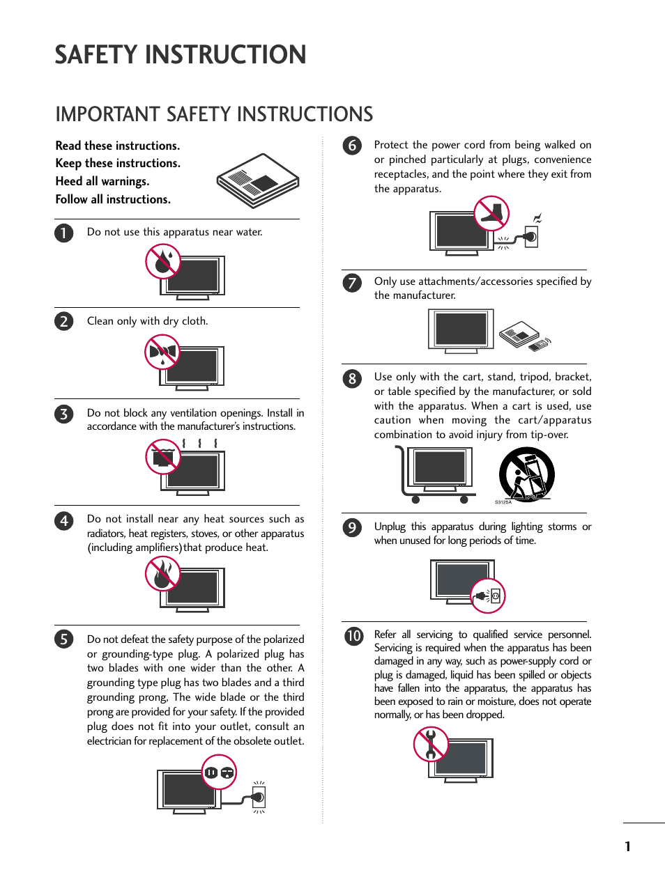 Safety instruction, Important safety instructions | LG 32LC50CS User Manual | Page 3 / 90