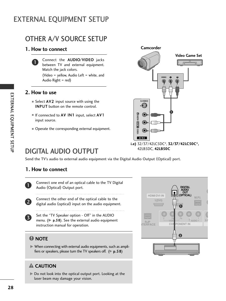 Other a/v source setup, Digital audio output, External equipment setup | How to connect, How to connect 2. how to use, Caution, External eq uipment setup, Camcorder | LG 32LC50CS User Manual | Page 30 / 90