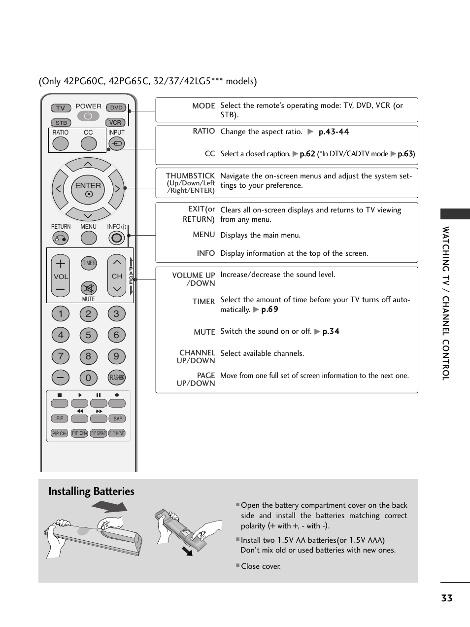 Installing batteries, Remote control effective range, Wa tching tv / channel contr ol | LG 32LC50CS User Manual | Page 35 / 90
