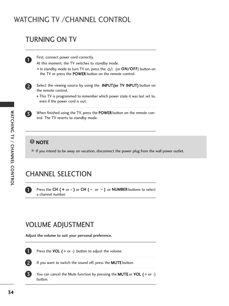 Turning on tv, Channel selection, Volume adjustment | Watching tv /channel control, Volume adjustment channel selection | LG 32LC50CS User Manual | Page 36 / 90