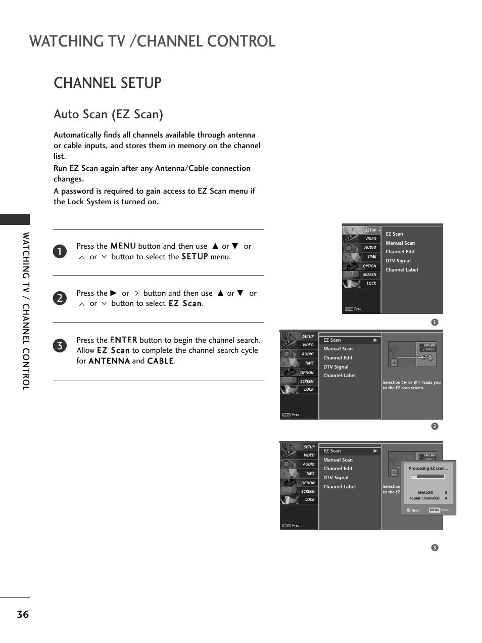 Channel setup, Auto scan (ez scan), Watching tv /channel control | Wa tching tv / channel contr ol | LG 32LC50CS User Manual | Page 38 / 90