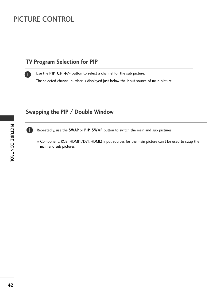 Tv program selection for pip, Swapping the pip / double window, Picture control | LG 32LC50CS User Manual | Page 44 / 90