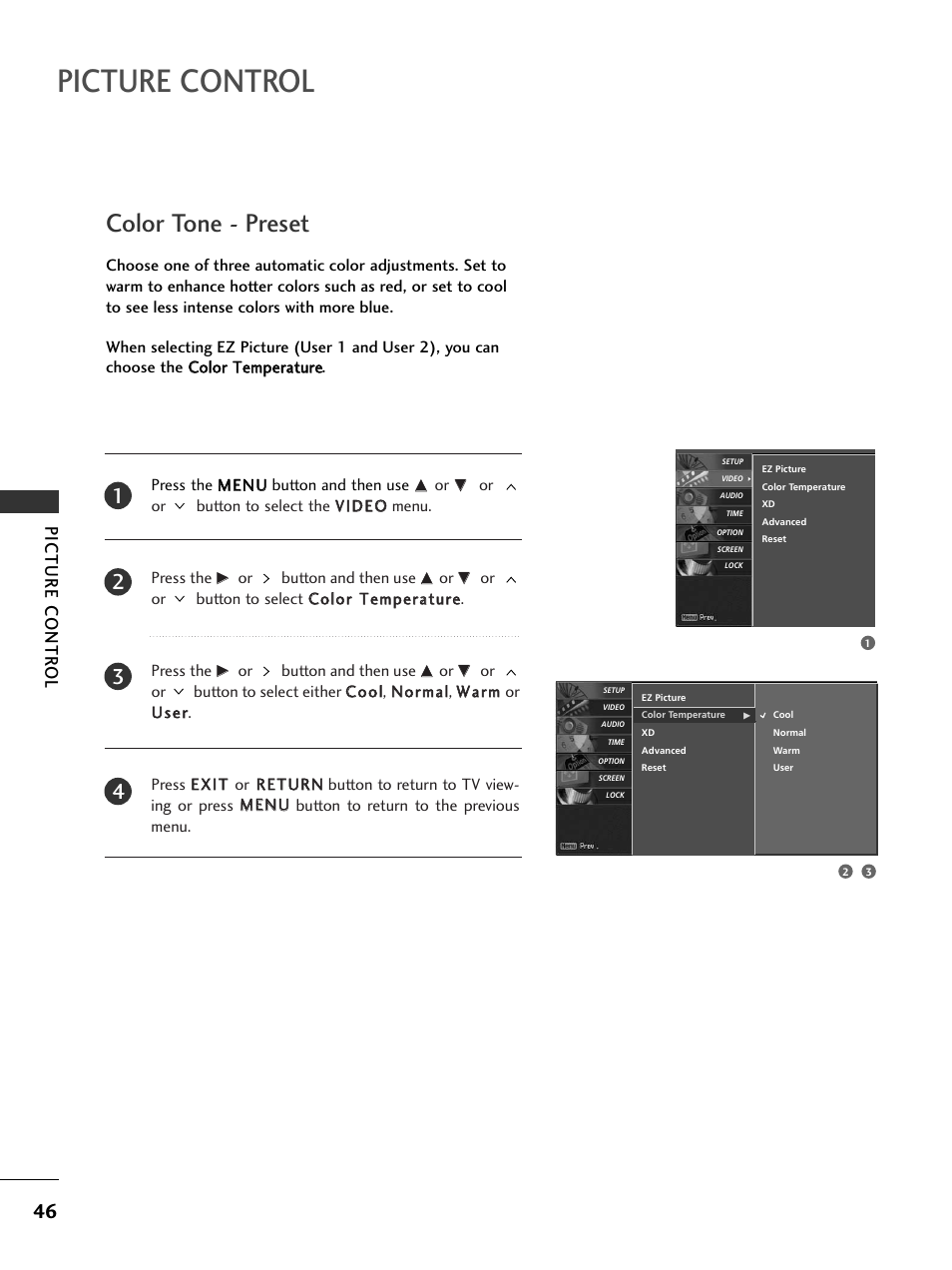 Color tone - preset, Picture control, Picture contr ol | LG 32LC50CS User Manual | Page 48 / 90