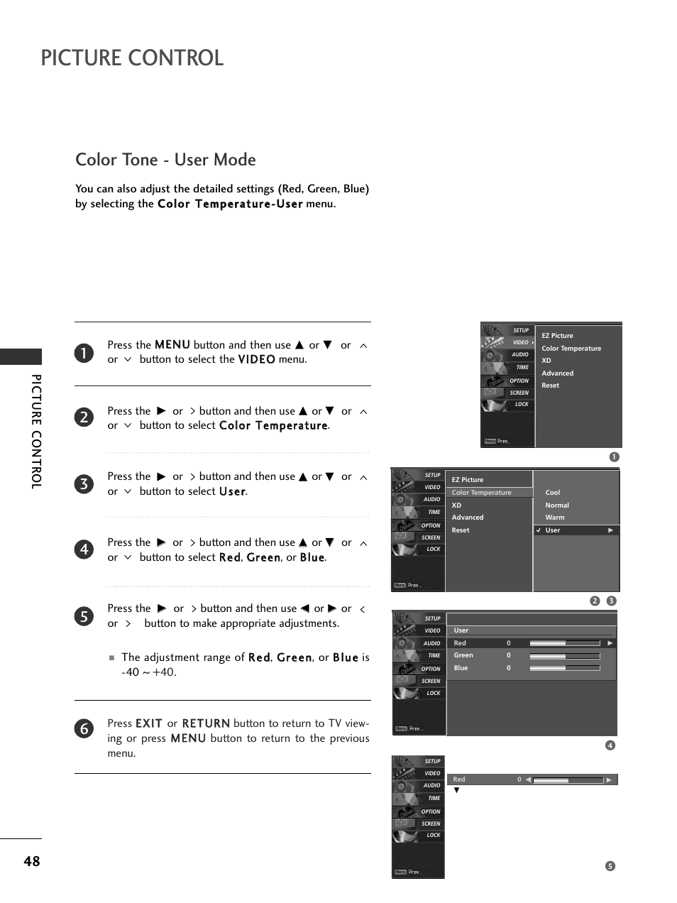 Color tone - user mode, Picture control, Picture contr ol | LG 32LC50CS User Manual | Page 50 / 90