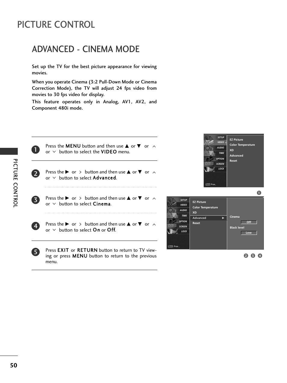 Advanced - cinema mode, Picture control, Picture contr ol | LG 32LC50CS User Manual | Page 52 / 90