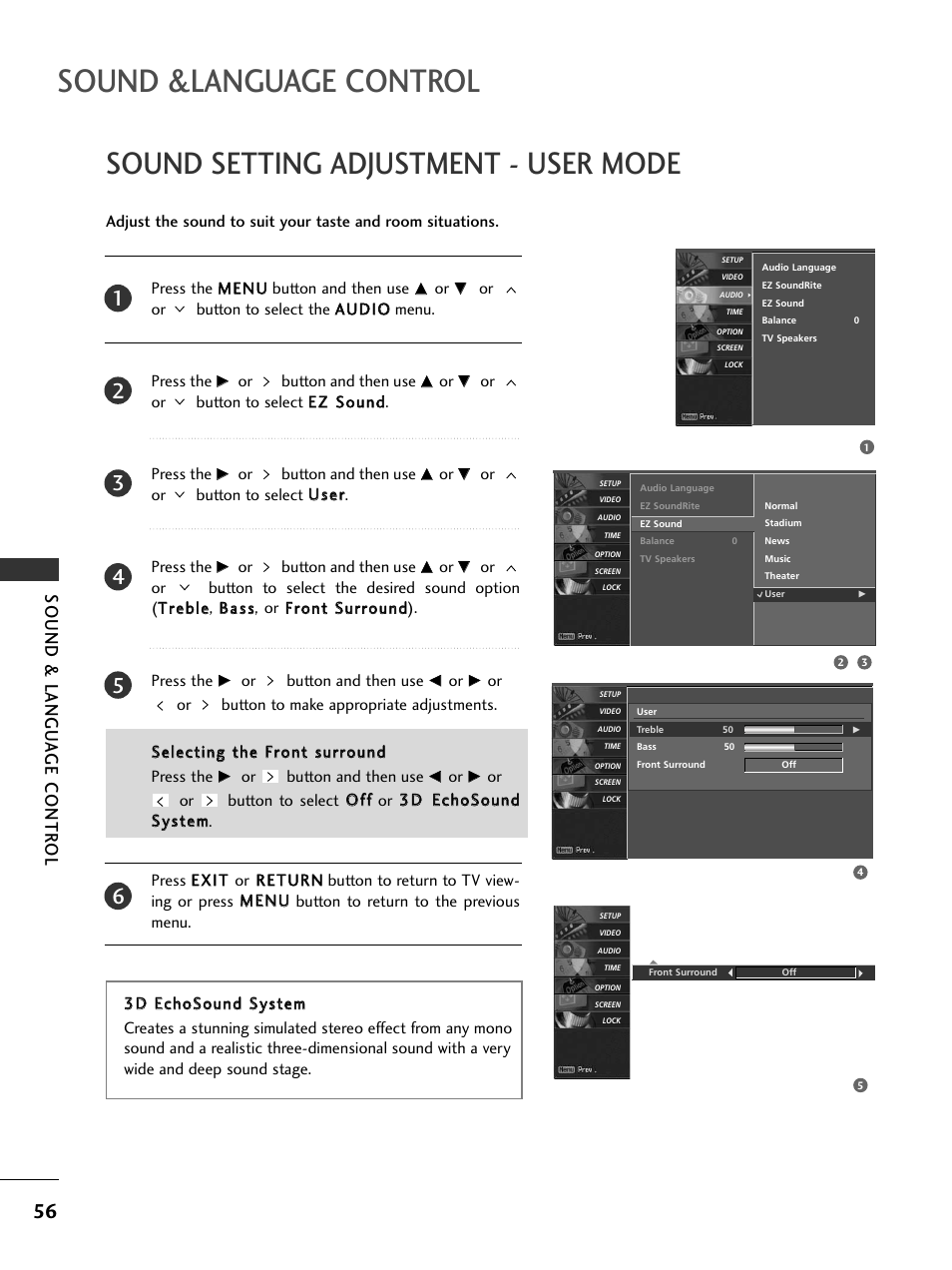 Sound setting adjustment - user mode, Sound &language control, Sound & langu a ge contr ol | LG 32LC50CS User Manual | Page 58 / 90