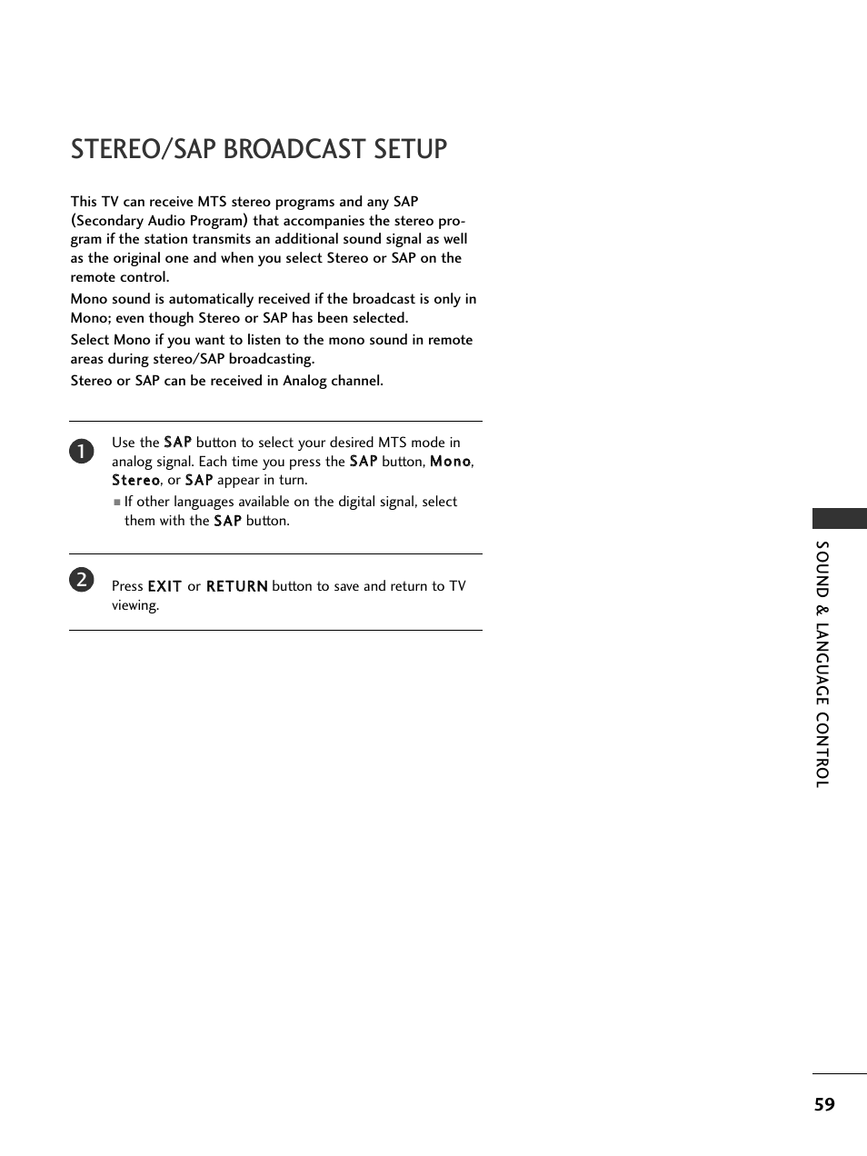 Stereo/sap broadcast setup | LG 32LC50CS User Manual | Page 61 / 90