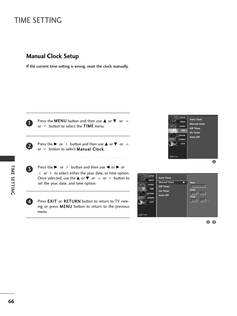 Manual clock setup, Time setting | LG 32LC50CS User Manual | Page 68 / 90