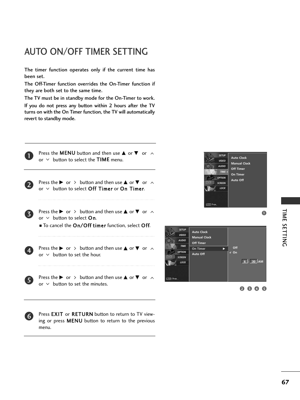 Auto on/off timer setting, Time setting | LG 32LC50CS User Manual | Page 69 / 90