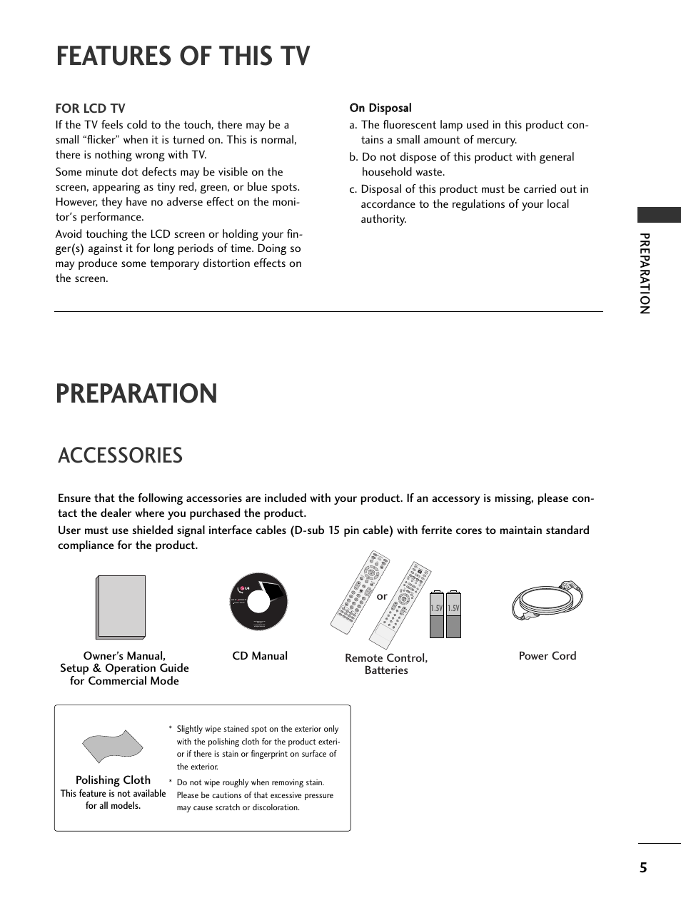 Features of this tv, Preparation, Accessories | For lcd tv, Prep ar a tion | LG 32LC50CS User Manual | Page 7 / 90