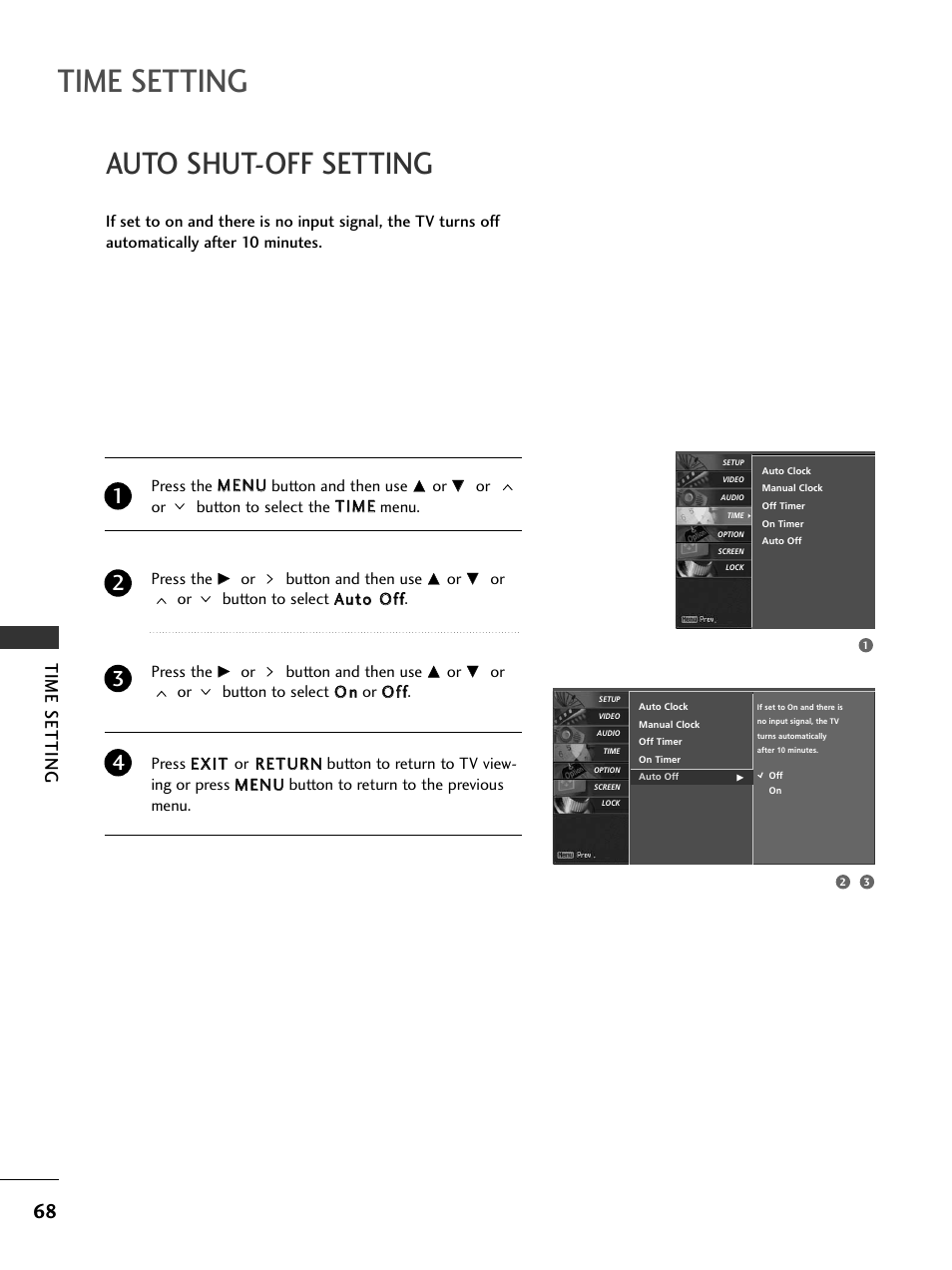 Auto shut-off setting, Time setting | LG 32LC50CS User Manual | Page 70 / 90