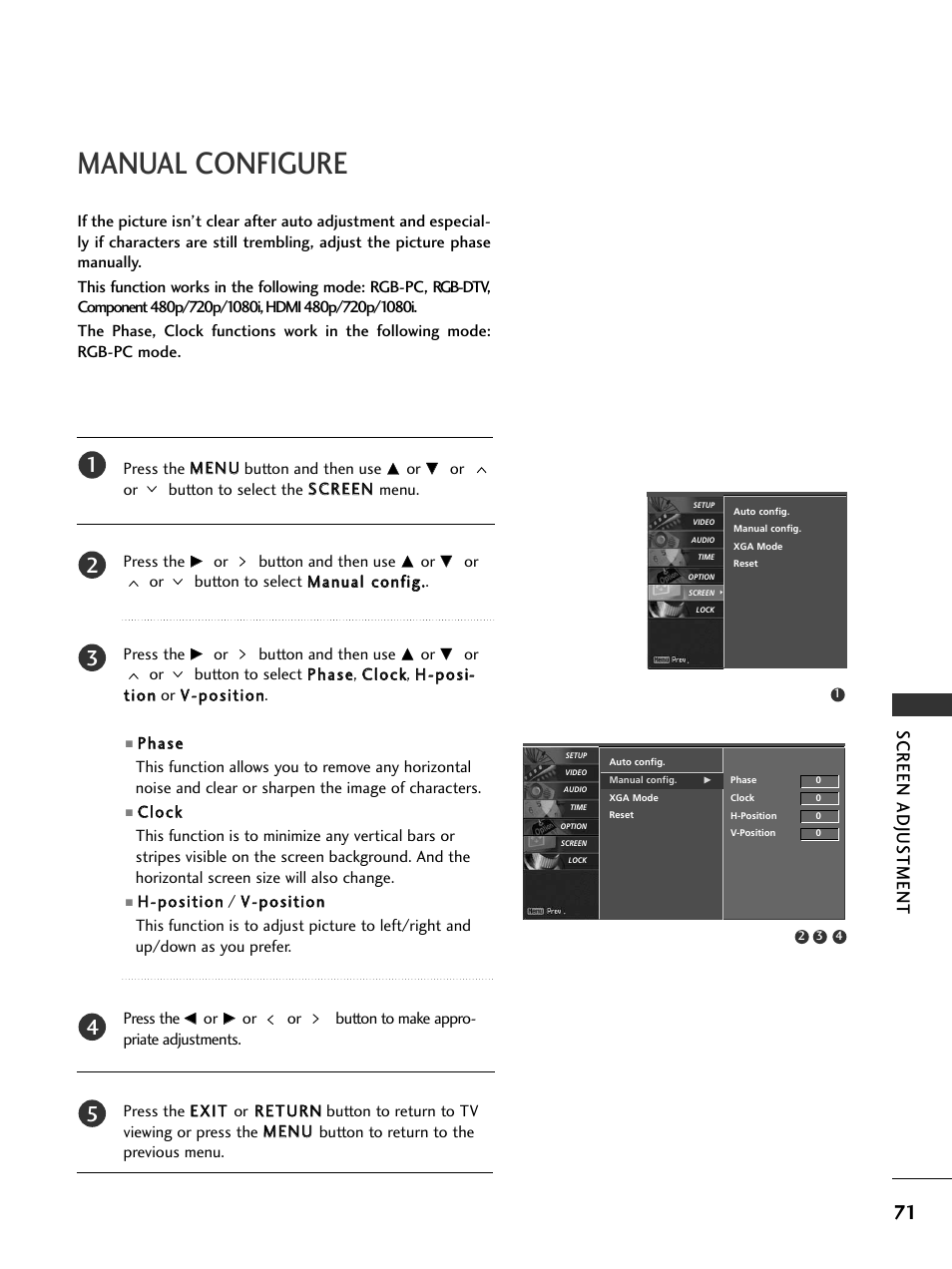 Manual configure, Screen adjus tment | LG 32LC50CS User Manual | Page 73 / 90