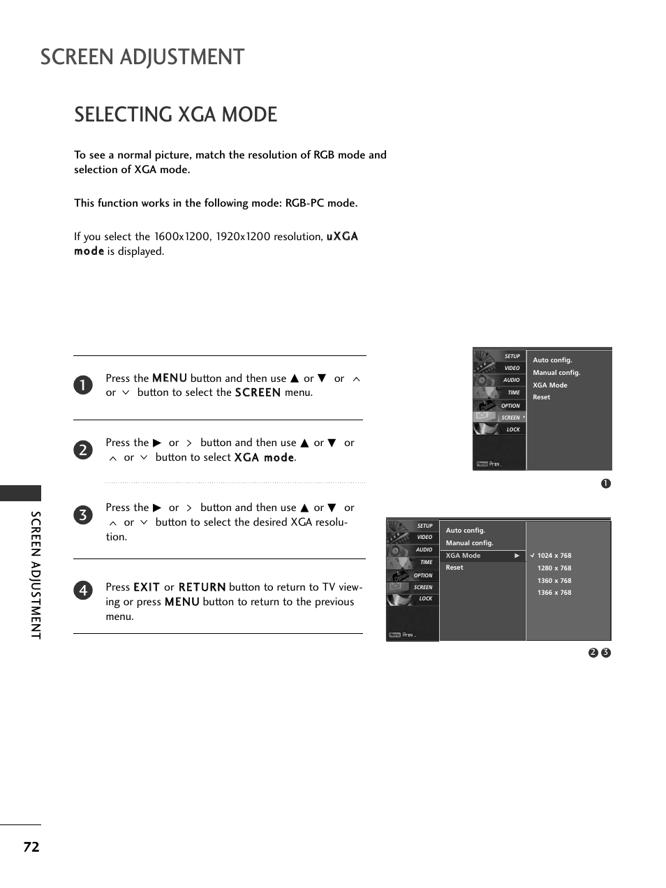 Selecting xga mode, Screen adjustment, Screen adjus tment | LG 32LC50CS User Manual | Page 74 / 90