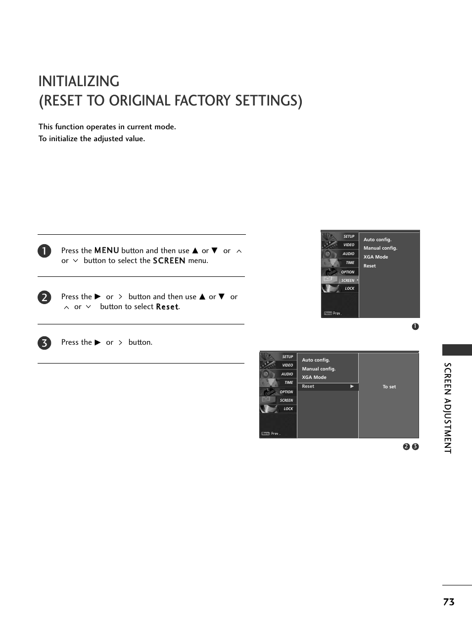 Initializing(reset to original factory settings), Initializing (reset to original factory settings), Screen adjus tment | LG 32LC50CS User Manual | Page 75 / 90