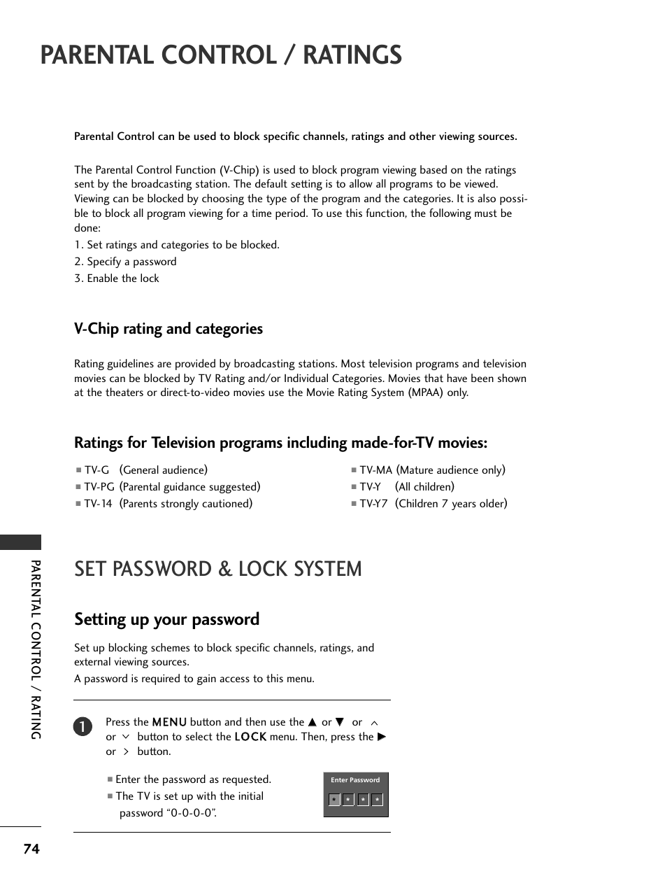 Parental control / ratings, Set password & lock system, Setting up your password | V-chip rating and categories, Parent al contr ol / r a ting | LG 32LC50CS User Manual | Page 76 / 90