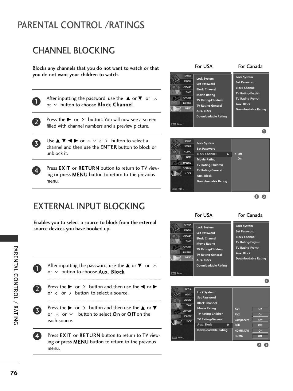 Channel blocking, External input blocking, Parental control /ratings | Channel blocking external input blocking, Parent al contr ol / r a ting | LG 32LC50CS User Manual | Page 78 / 90