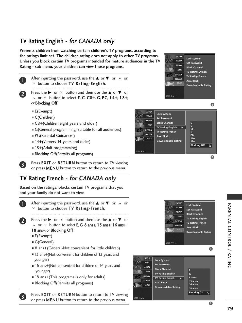 Tv rating english - for canada only, Tv rating french - for canada only, Parent al contr ol / r a ting | LG 32LC50CS User Manual | Page 81 / 90