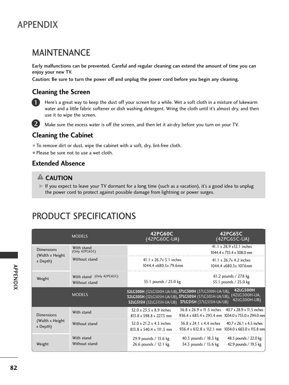 Maintenance, Product specifications, Appendix | Cleaning the screen, Cleaning the cabinet, Extended absence, Caution | LG 32LC50CS User Manual | Page 84 / 90