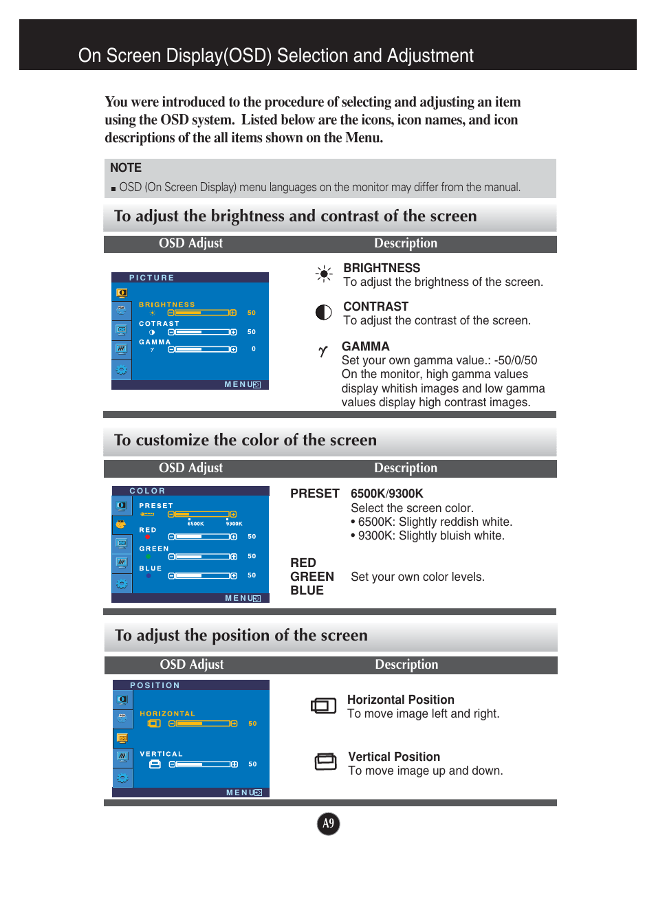 To customize the color of the screen, To adjust the position of the screen, On screen display(osd) selection and adjustment | LG L1920P User Manual | Page 10 / 21