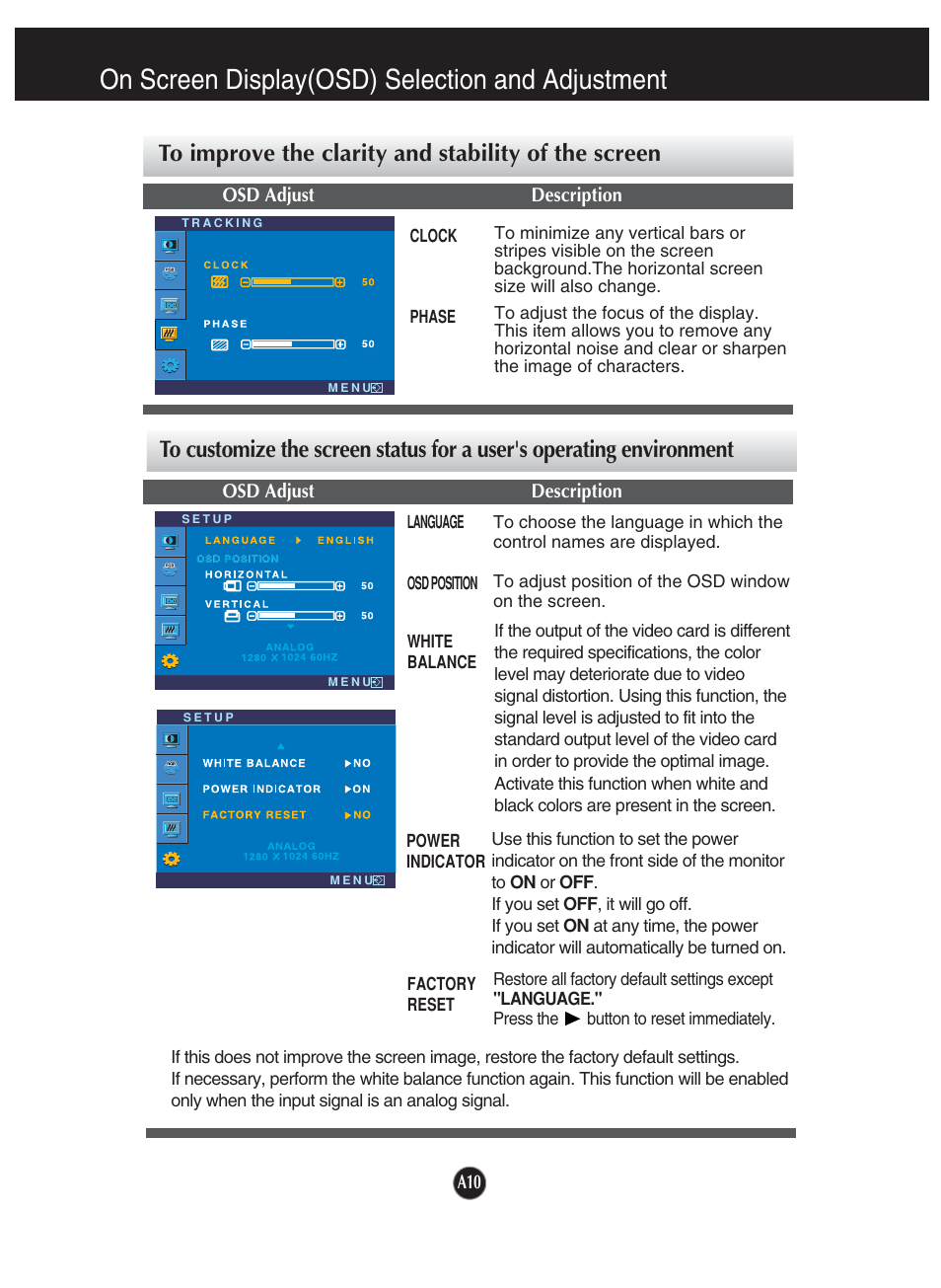 To improve the clarity and stability of the screen, On screen display(osd) selection and adjustment | LG L1920P User Manual | Page 11 / 21