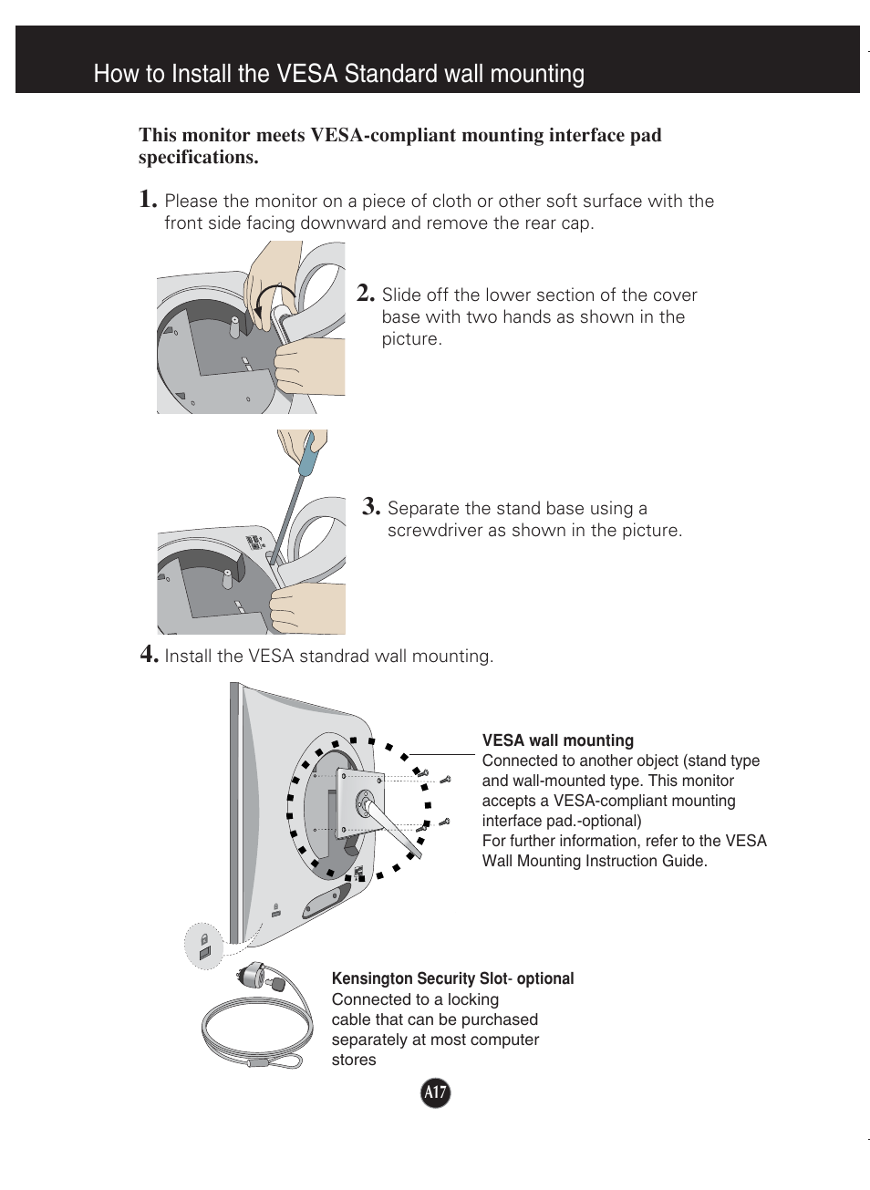 How to install the vesa standard wall mounting | LG L1920P User Manual | Page 18 / 21
