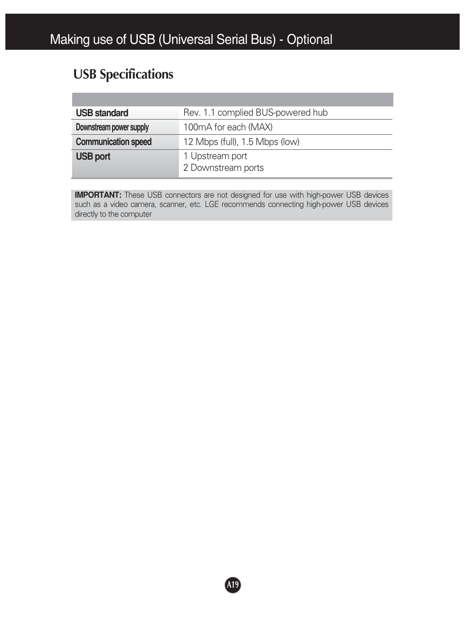 Usb specifications | LG L1920P User Manual | Page 20 / 21