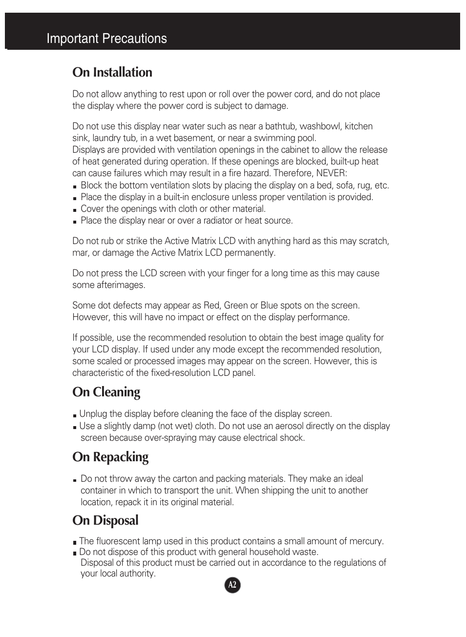 On installation, On cleaning, On repacking | On disposal, Important precautions on installation | LG L1920P User Manual | Page 3 / 21