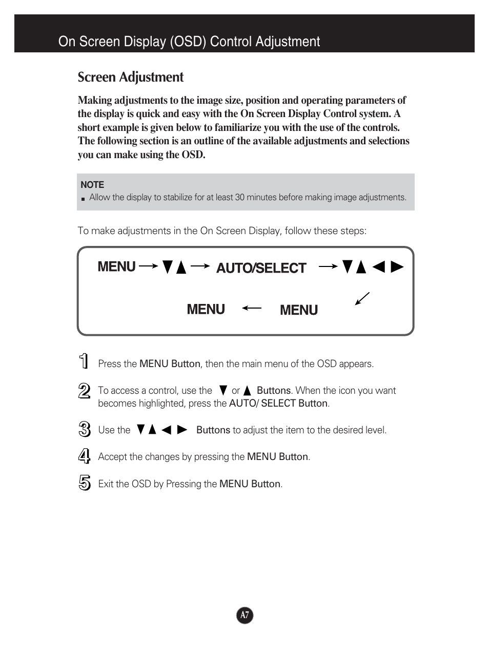 On screen display (osd) control adjustment, Screen adjustment | LG L1920P User Manual | Page 8 / 21