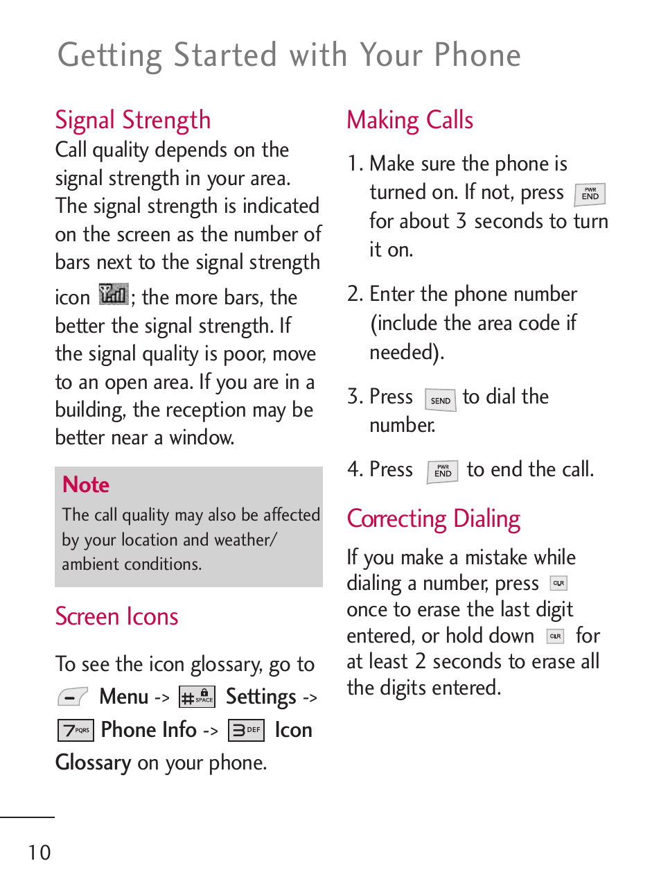 Getting started with your phone, Signal strength, Screen icons | Making calls, Correcting dialing | LG 221C User Manual | Page 10 / 98