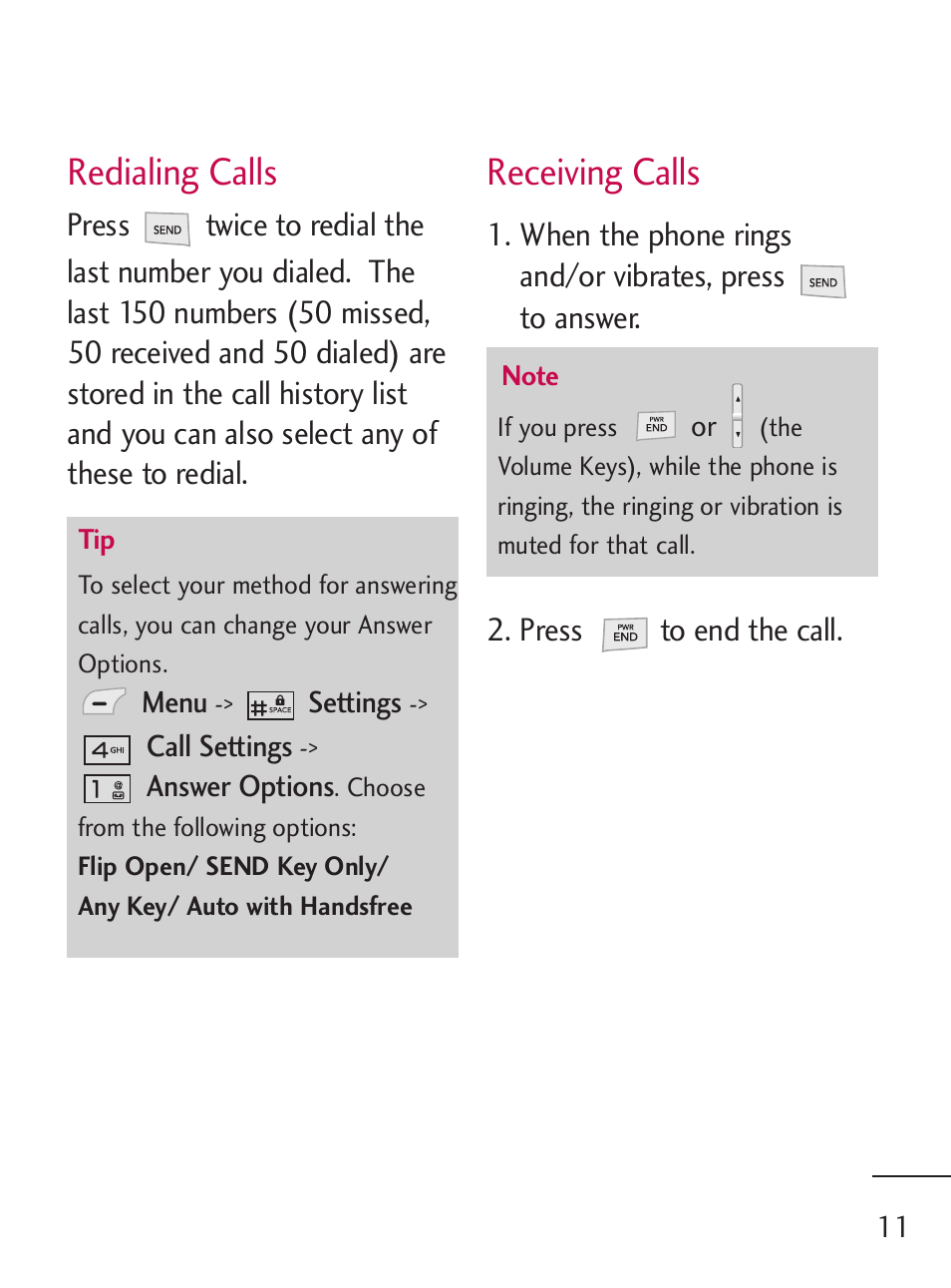 Redialing calls, Receiving calls | LG 221C User Manual | Page 11 / 98