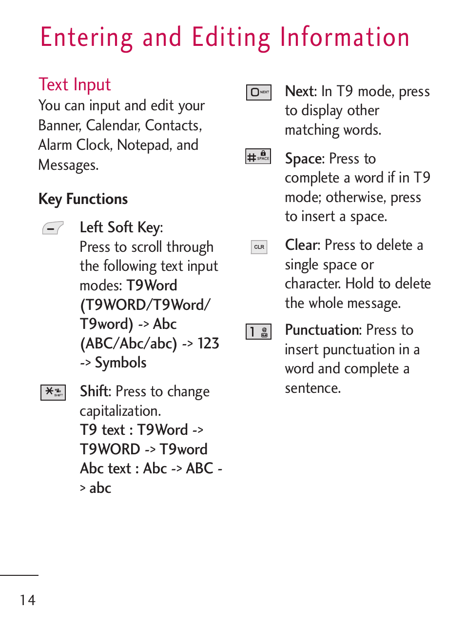 Entering and editing information | LG 221C User Manual | Page 14 / 98