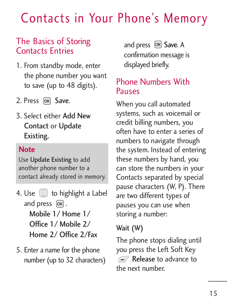 The basics of storing contacts entries, Phone numbers with pauses | LG 221C User Manual | Page 15 / 98
