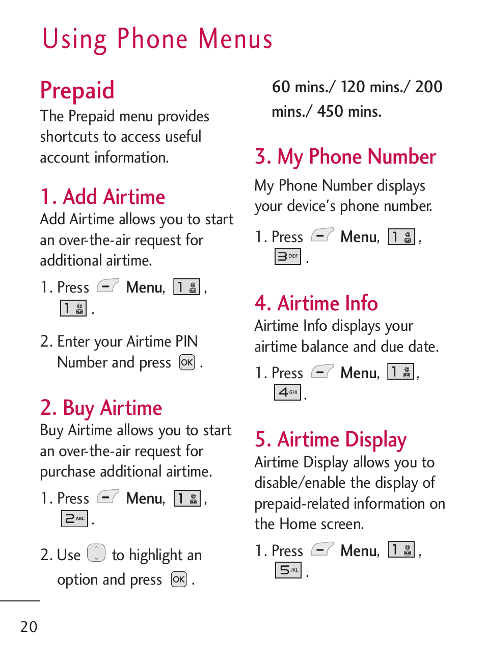 Using phone menus, Prepaid, Add airtime | Buy airtime, My phone number, Airtime info, Airtime display | LG 221C User Manual | Page 20 / 98