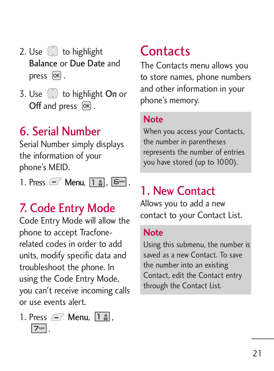 Contacts, Serial number, Code entry mode | New contact | LG 221C User Manual | Page 21 / 98